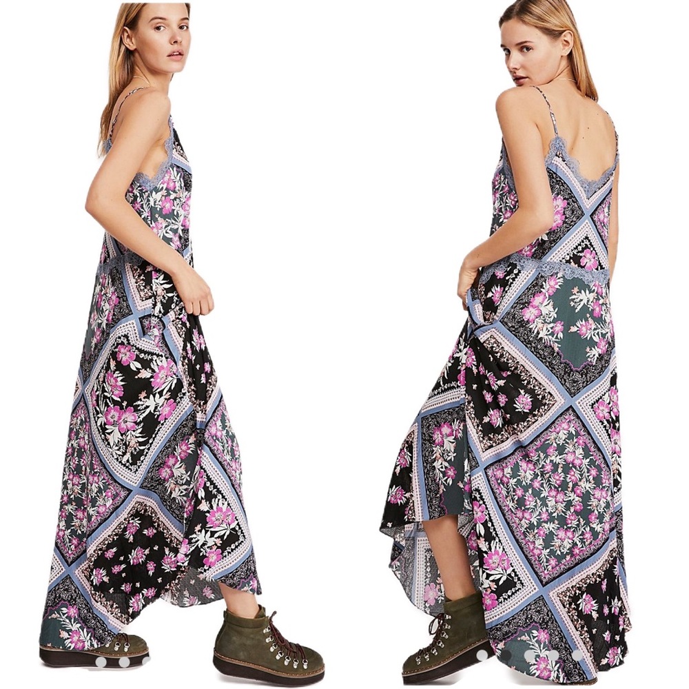 NWT Free People 'Stevie' Printed Flowy Maxi Dress Small Graphite Combo Lace Trim